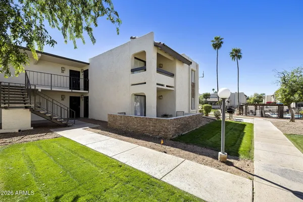 a balcony with chairs and a potted plant