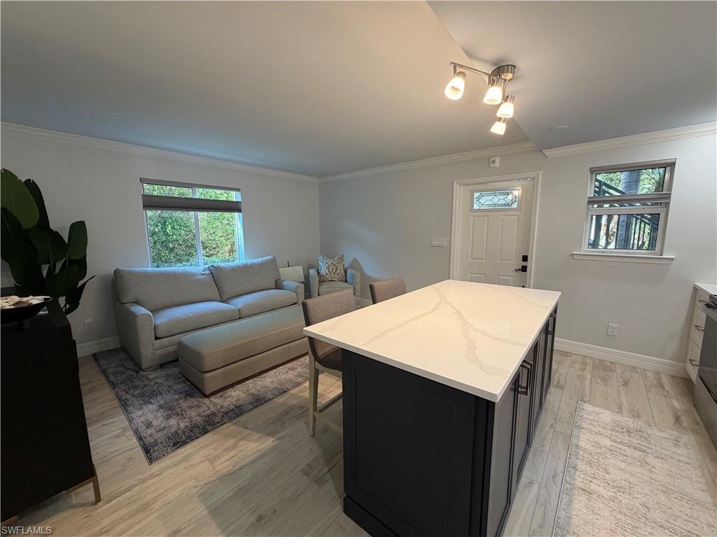 960 7th Street South, Unit 103 Naples, FL 34102 - Photo 9 of 16 a living room with a couch and a chandelier