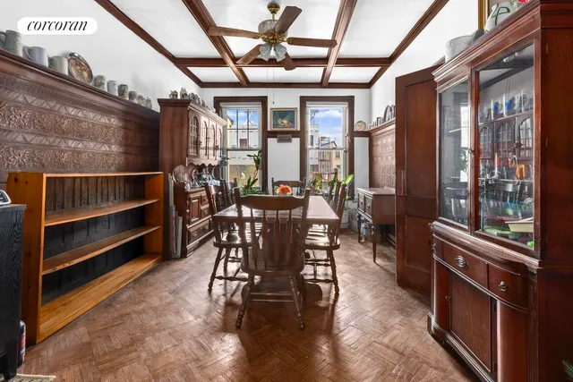 a view of a dining room with furniture window and outside view
