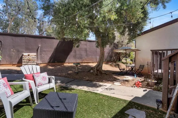 an outdoor space with seating