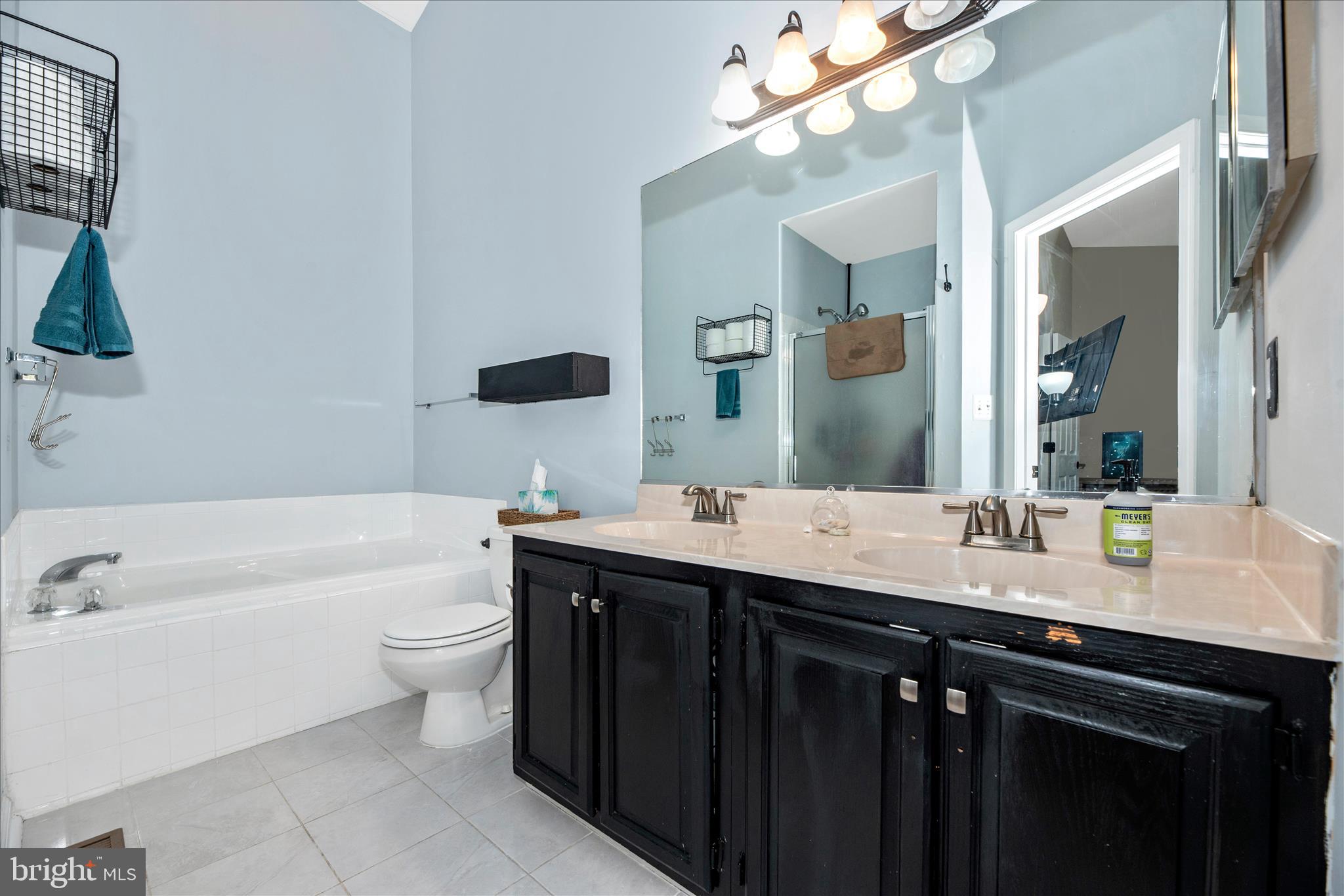 6630 Commodore Court New Market, MD 21774 - Photo 22 of 68 a bathroom with a granite countertop sink a toilet a large mirror a bathtub and shower