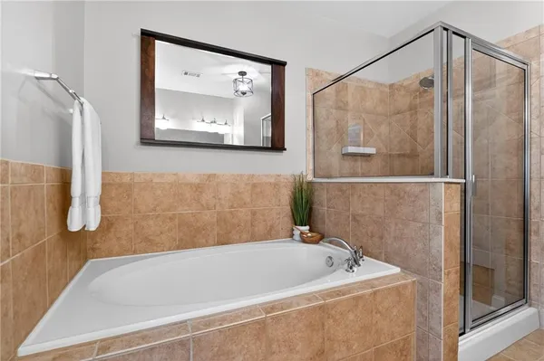 a bathroom with a bathtub and a shower