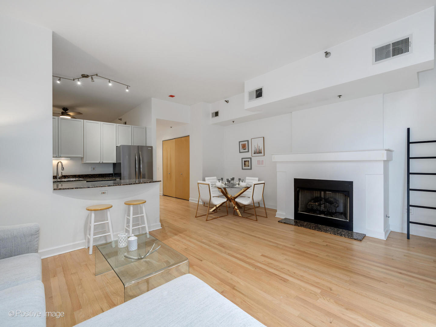 1201 West Adams Street, Unit 608 Chicago, IL 60607 - Photo 7 of 14 a living room with furniture a fireplace and kitchen view