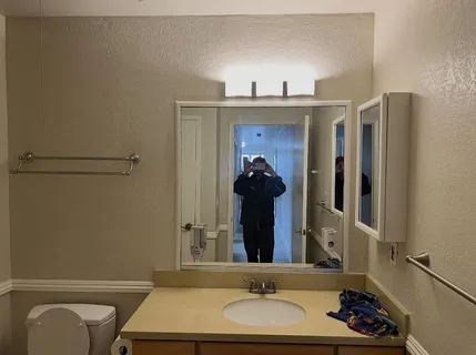 a bathroom with a sink a toilet and mirror