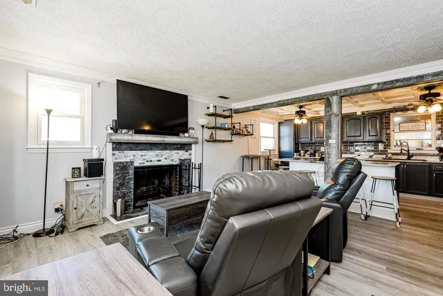 a living room with furniture a flat screen tv and a fireplace