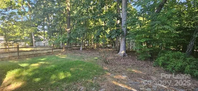 a view of a backyard with plants and wooden fence