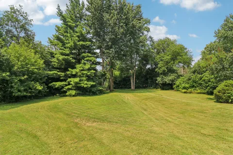a view of a backyard with a small cabin