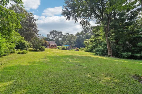 a front view of a house with yard and green space