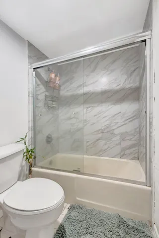 a bathroom with a shower and a toilet