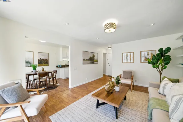 a living room with furniture a wooden floor and a potted plant