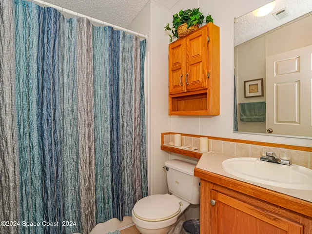 a bathroom with a sink a toilet and shower curtain
