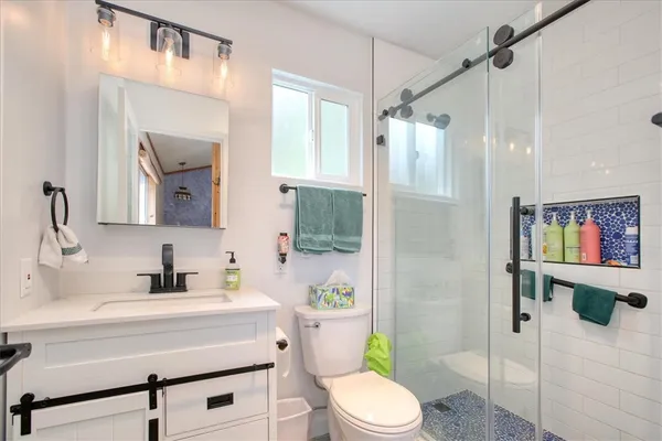 a bathroom with a sink a toilet a mirror a vanity and shower
