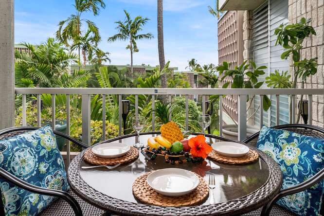 Spacious and private lanai with garden and partial oceanview.