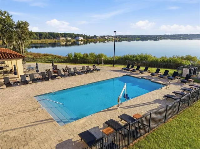 a view of a lake with a city