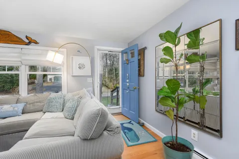 a living room with patio furniture and a potted plant