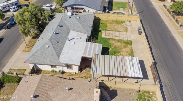 an aerial view of a backyard