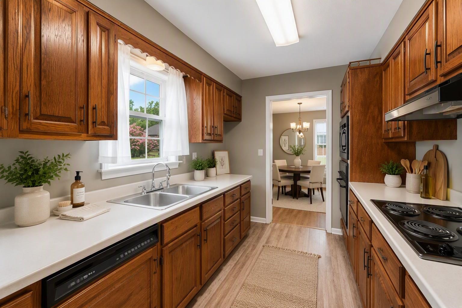 4920 Whitworth Road Memphis, TN 38116 - Photo 5 of 32 Galley kitchen featuring wood-finish cabinetry, white countertops, a double basin stainless steel sink, and wood-finish flooring