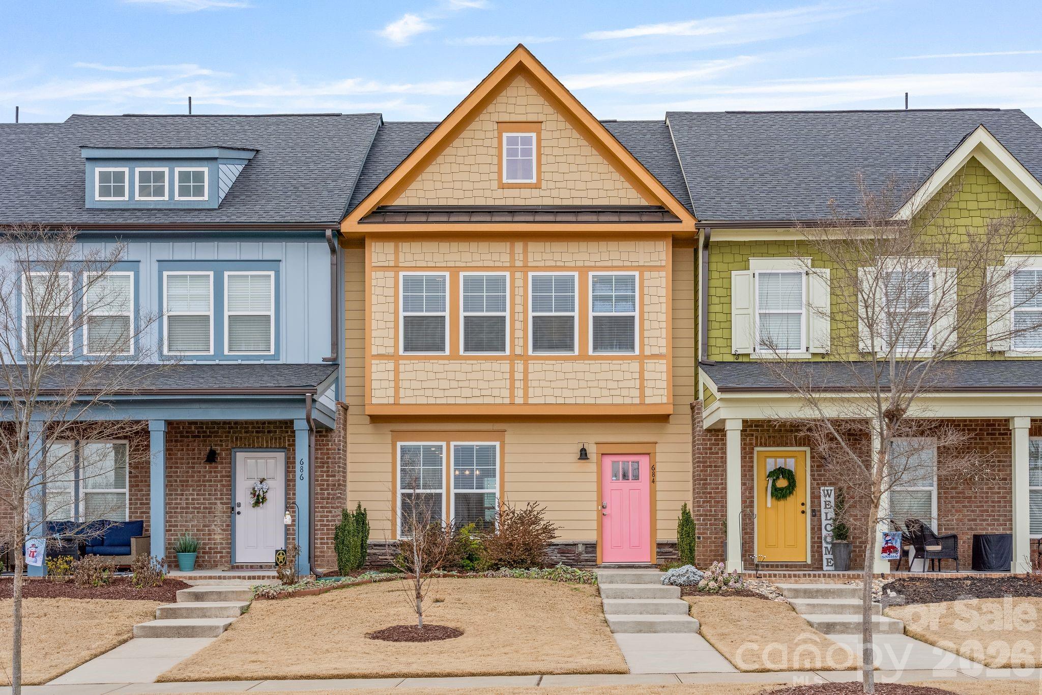 a front view of a brick building