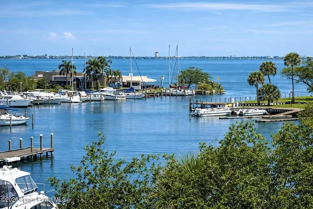 a view of a lake with boats and trees in the background