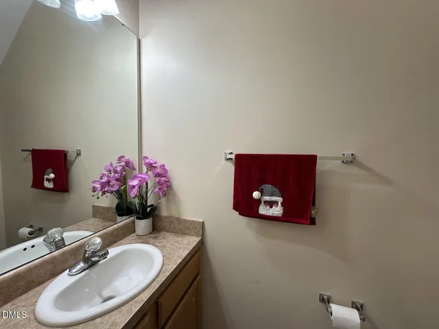 a bathroom with a sink vanity and a mirror