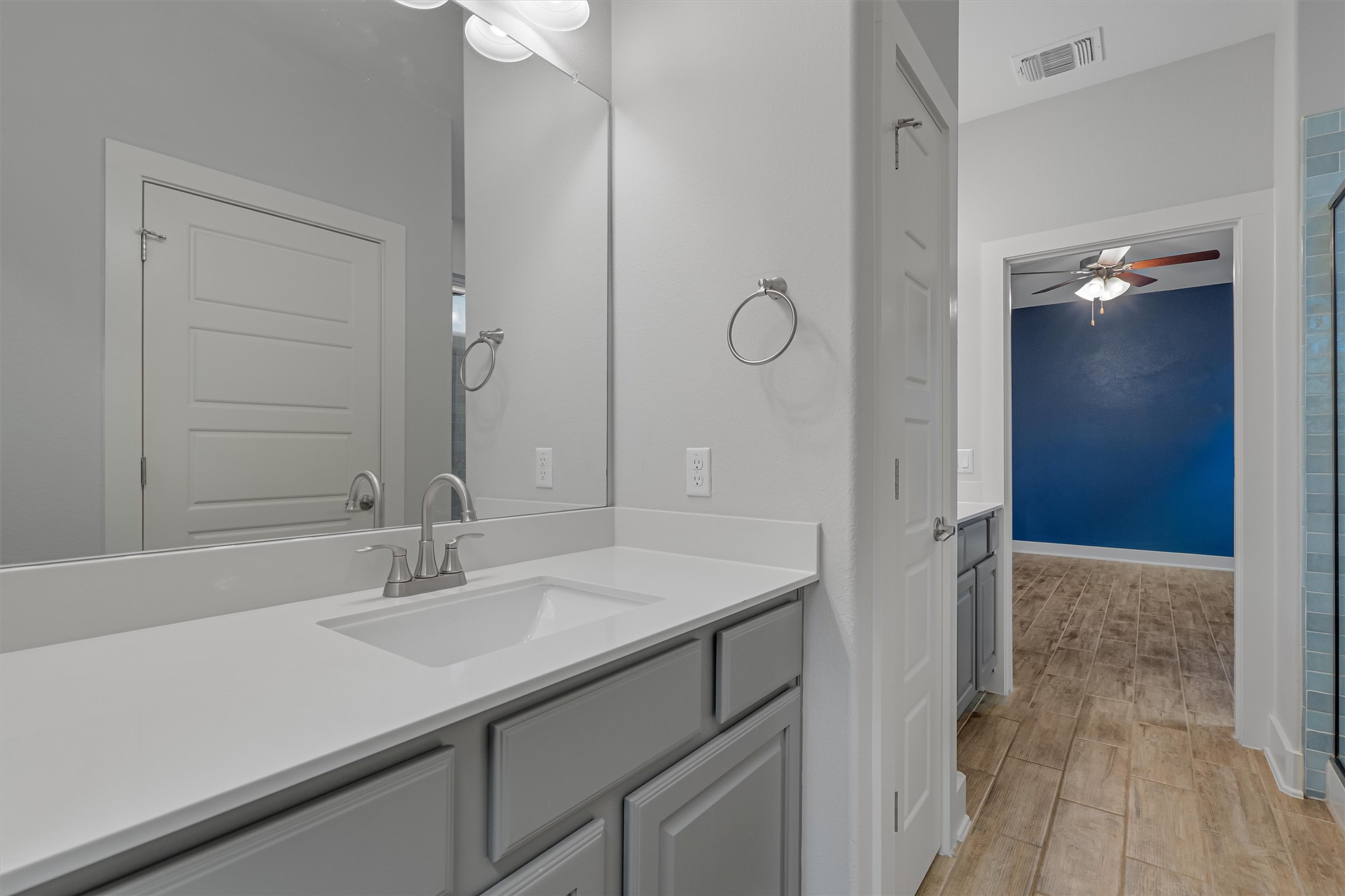 8709 Alderman Dr. Austin, TX 78747 - Photo 21 of 37 Full bathroom featuring ceiling fan, vanity, light wood finished floors, and a shower