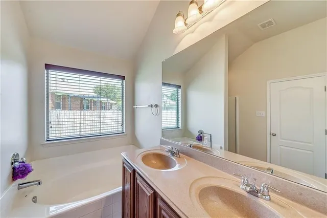 a bathroom with a tub sink and mirror