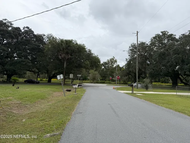 a view of a swimming pool with a yard and a large tree