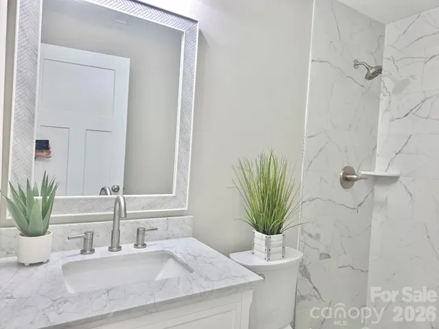 a bathroom with a granite countertop a sink a mirror and a potted plant