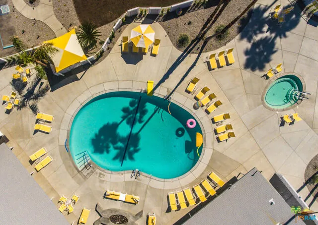 an aerial view of a swimming pool