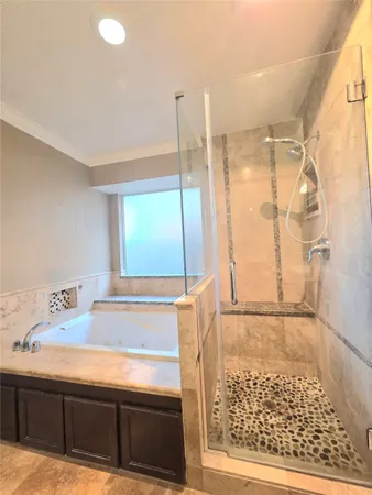 a bathroom with a tub and a shower