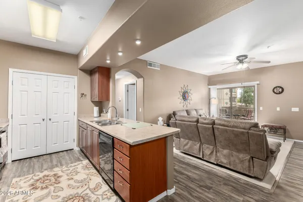 a room with counter top space and furniture