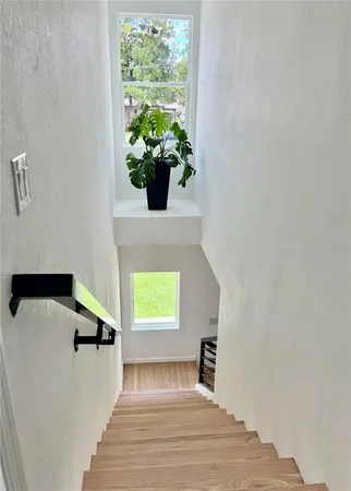 a view of a hallway with wooden floor and a potted plant