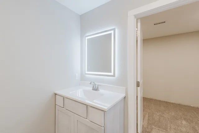 a bathroom with a sink vanity and a mirror
