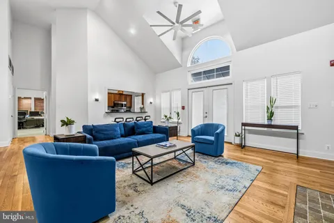 a living room with furniture ceiling fan and a rug