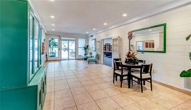 a view of a dining room with furniture