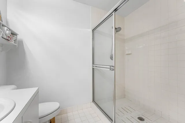 a bathroom with a shower a toilet and a sink