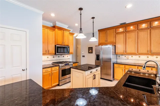 a kitchen with stainless steel appliances granite countertop a stove a sink and a refrigerator