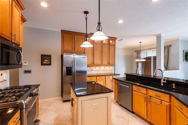 a kitchen with stainless steel appliances granite countertop a sink a stove and a refrigerator