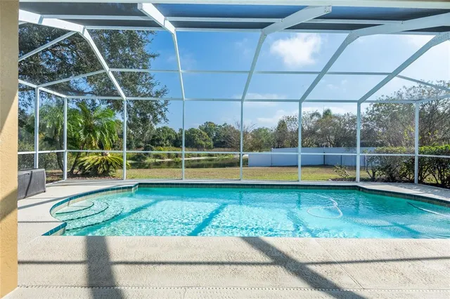 a view of a backyard with a swimming pool
