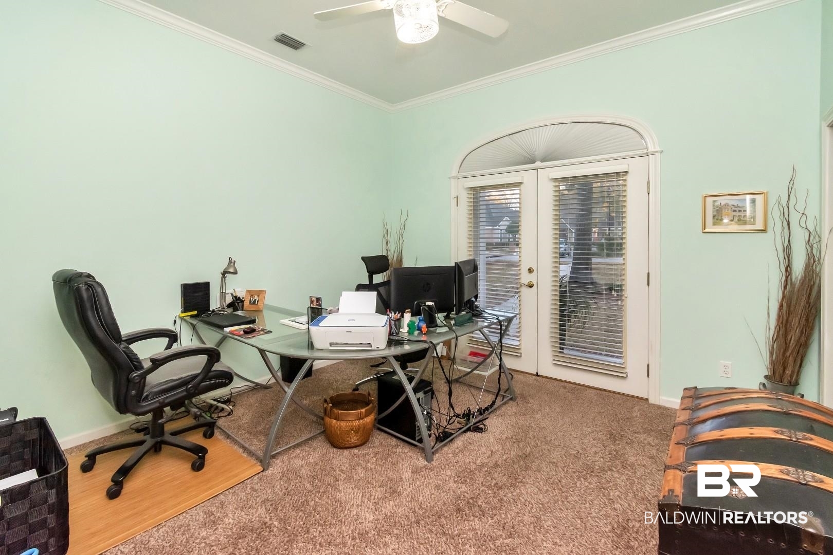 1050 Southern Way Court Mobile, AL 36609 - Photo 20 of 36 Home office with ornamental molding, carpet, ceiling fan, and french doors