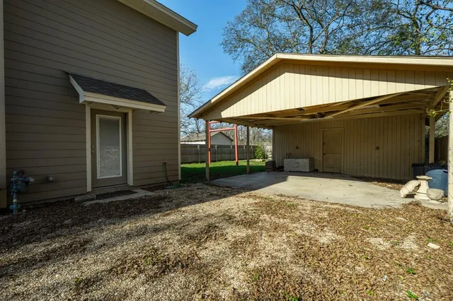 a view of a backyard with plants and large tree