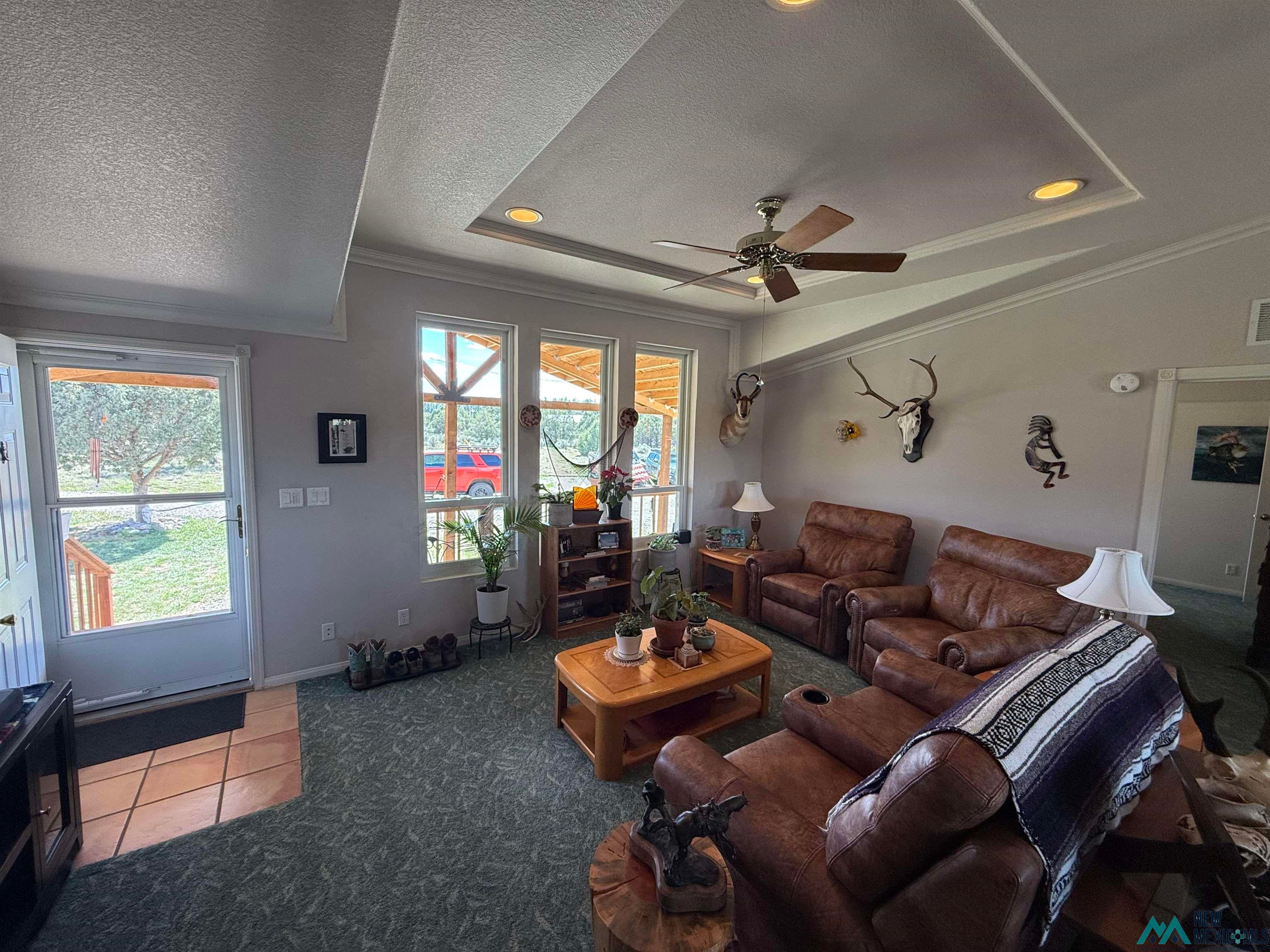 16 Overlook Road Los Ojos, NM 87551 - Photo 16 of 39 Tiled living room with crown molding, a ceiling fan, carpet, recessed lighting, and a textured ceiling