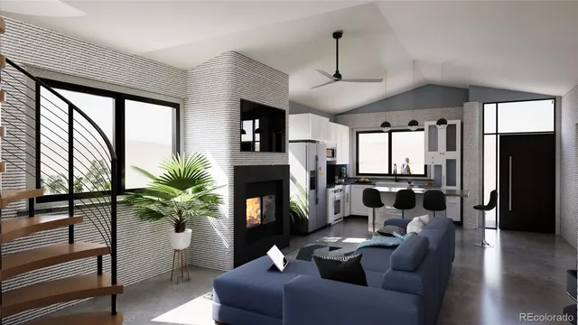 a living room with furniture potted plant floor to ceiling window and a flat screen tv