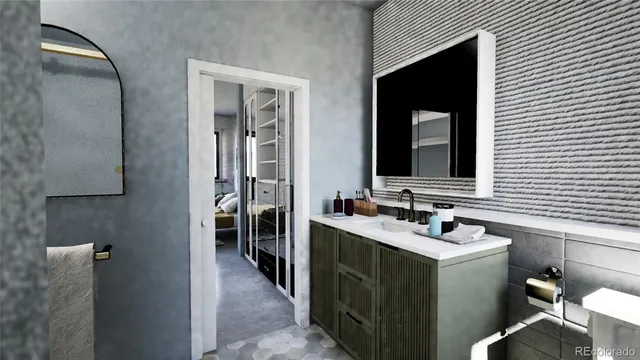 a bathroom with a sink and a mirror