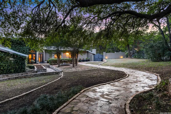 a view of a backyard with large tree