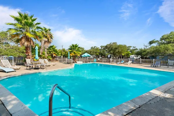 a view of a swimming pool with lawn chairs and plants