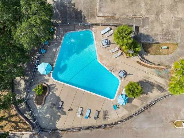 a view of a swimming pool with potted plants
