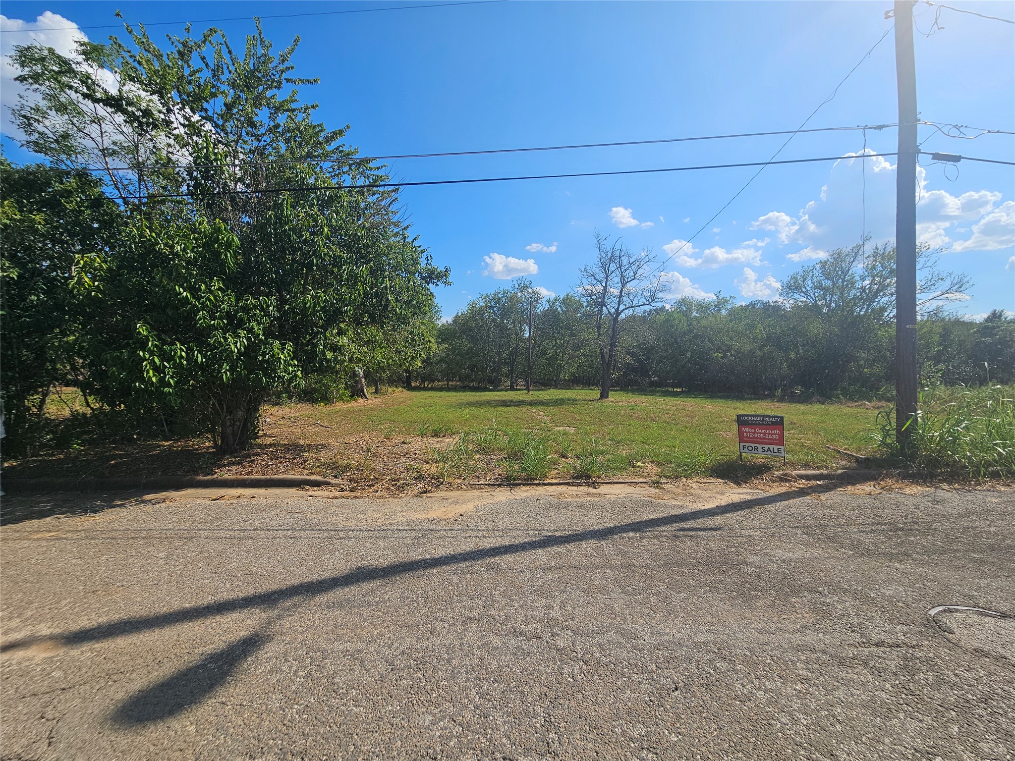 Mature trees frame a level, grassy lot ready for custom development along a paved road.