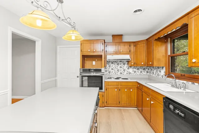 a large kitchen with stainless steel appliances granite countertop a sink and cabinets