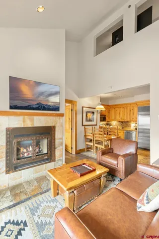a living room with furniture a rug and a fireplace